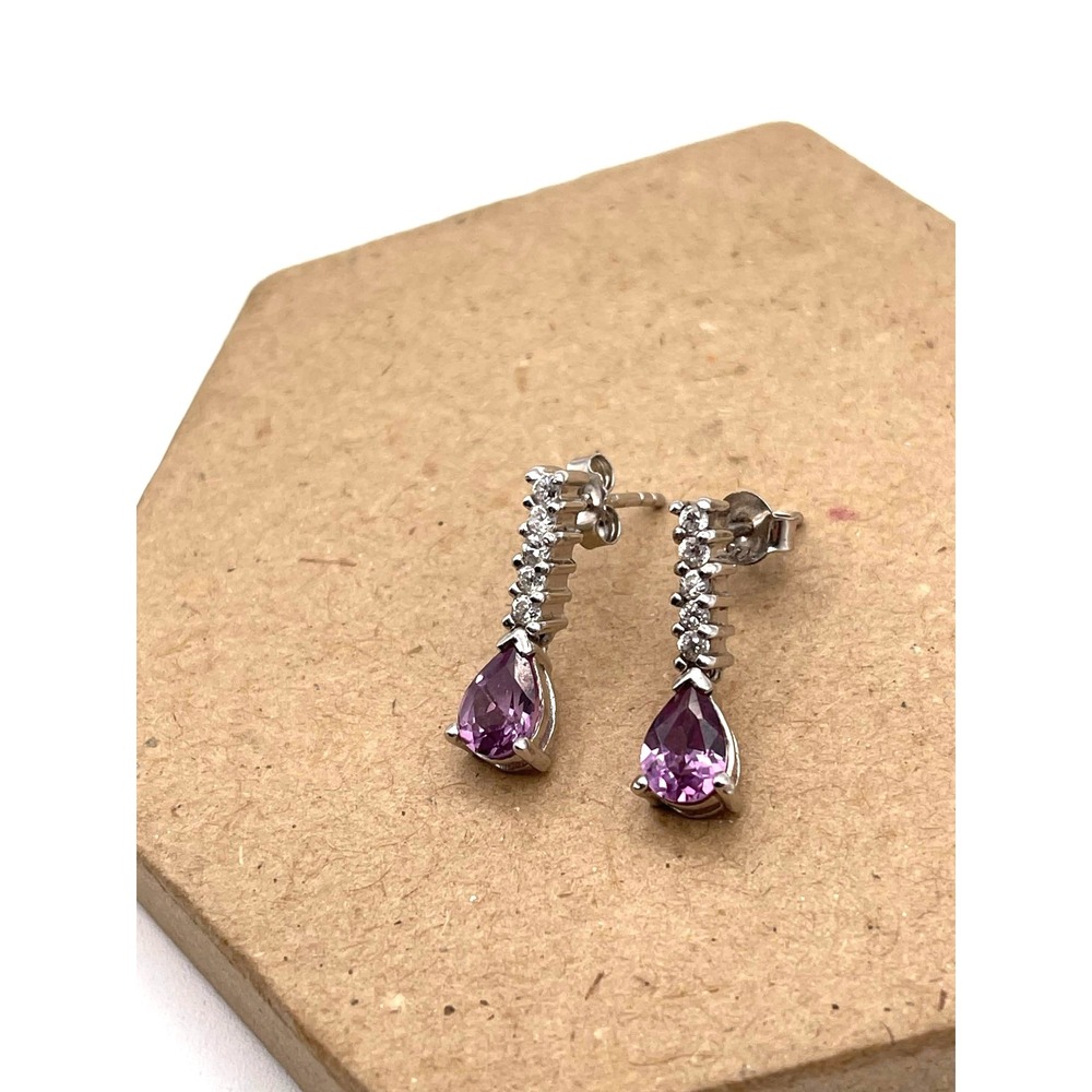 925 Sterling Silver Pink CZ Teardrop Dangle Earrings